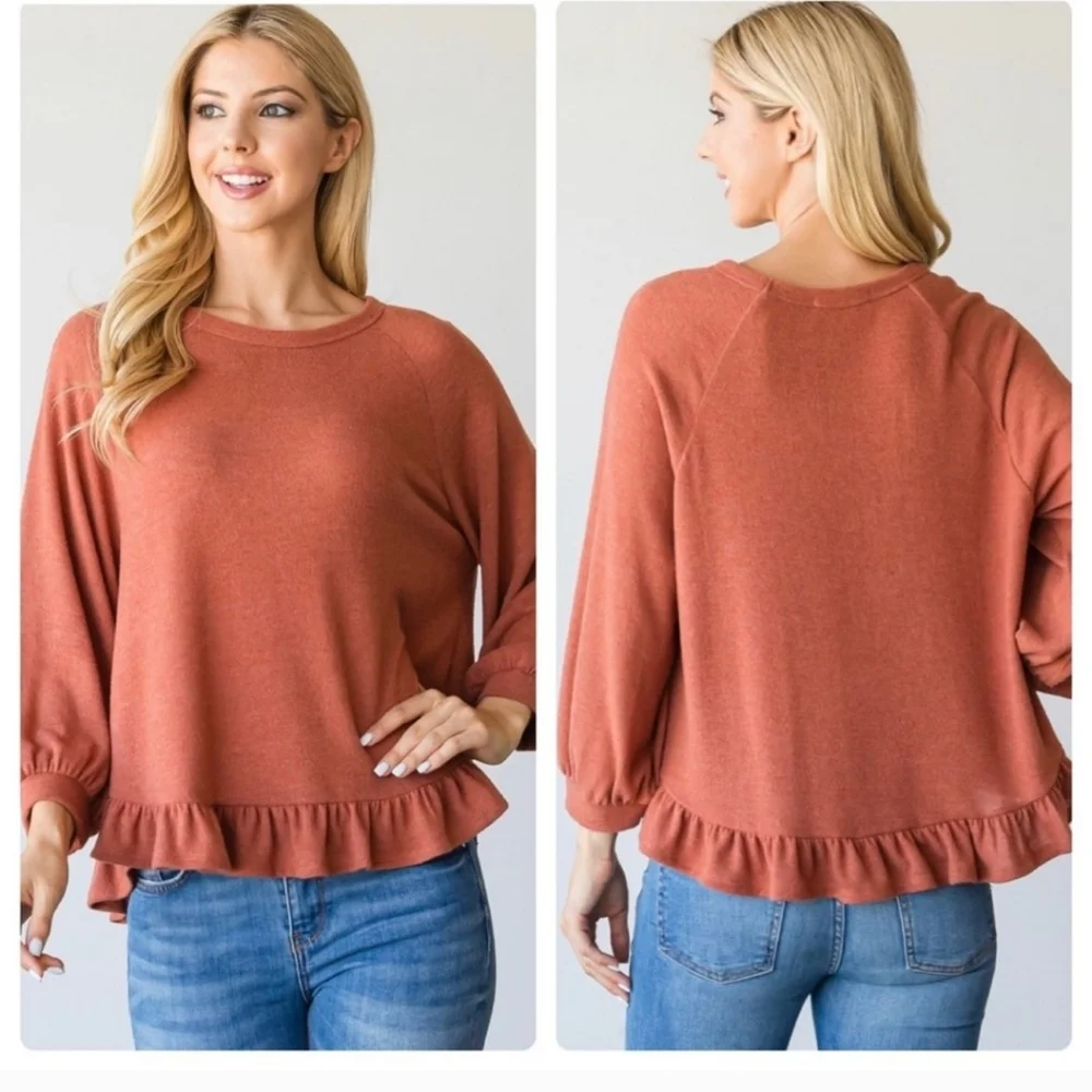 🧡6/$25🧡SUPER SOFT RUST RUFFLE TOP-NEW - Picture 1 of 2